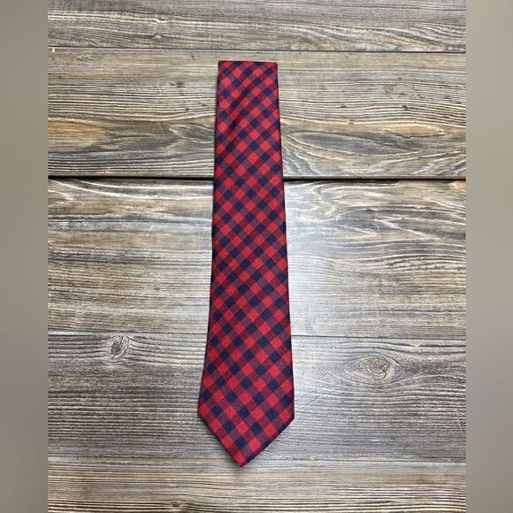 Henry Grethel Men's Tie Italian Silk Red Blue Checkered Pattern - Picture 1 of 6